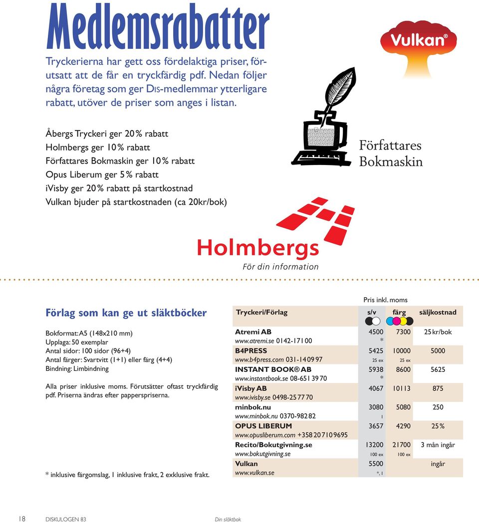 Åbergs Tryckeri ger 20 % rabatt Holmbergs ger 10 % rabatt Författares Bokmaskin ger 10 % rabatt Opus Liberum ger 5 % rabatt ivisby ger 20 % rabatt på startkostnad Vulkan bjuder på startkostnaden (ca