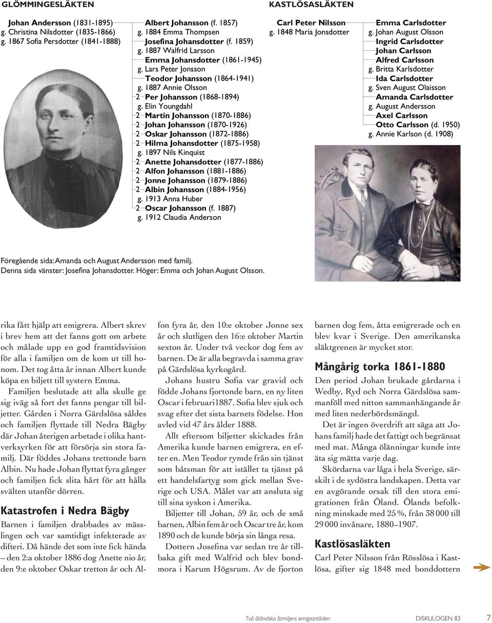 Elin Youngdahl 2 Martin Johansson (1870-1886) 2 Johan Johansson (1870-1926) 2 Oskar Johansson (1872-1886) 2 Hilma Johansdotter (1875-1958) g.