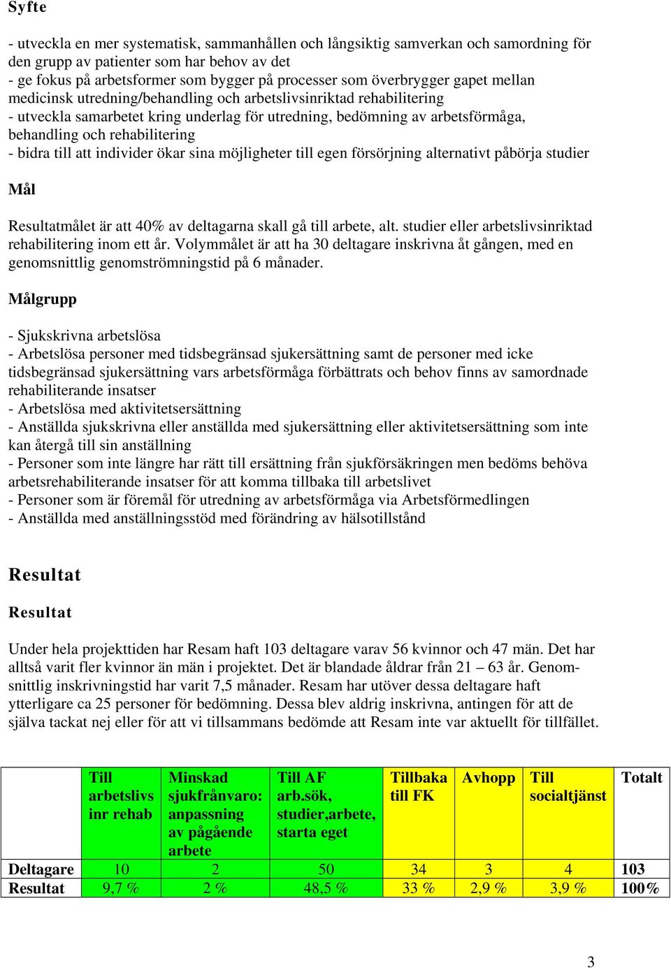 rehabilitering - bidra till att individer ökar sina möjligheter till egen försörjning alternativt påbörja studier Mål Resultatmålet är att 40% av deltagarna skall gå till arbete, alt.