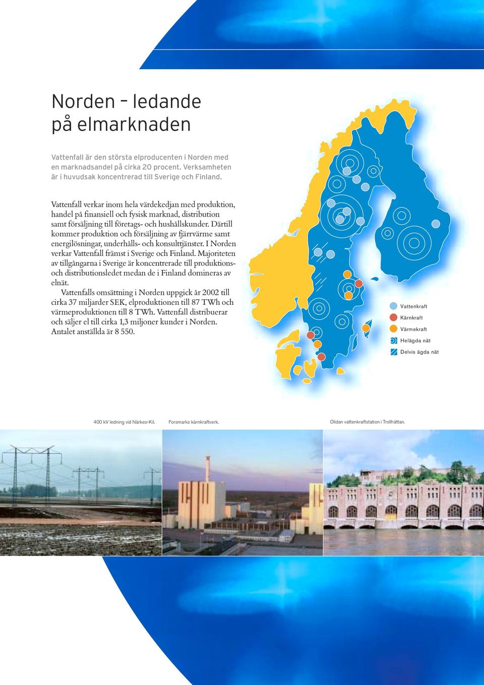 Därtill kommer produktion och försäljning av fjärrvärme samt energilösningar, underhålls- och konsulttjänster. I Norden verkar Vattenfall främst i Sverige och Finland.