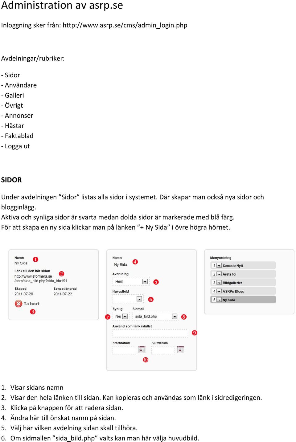 Där skapar man också nya sidor och blogginlägg. Aktiva och synliga sidor är svarta medan dolda sidor är markerade med blå färg.