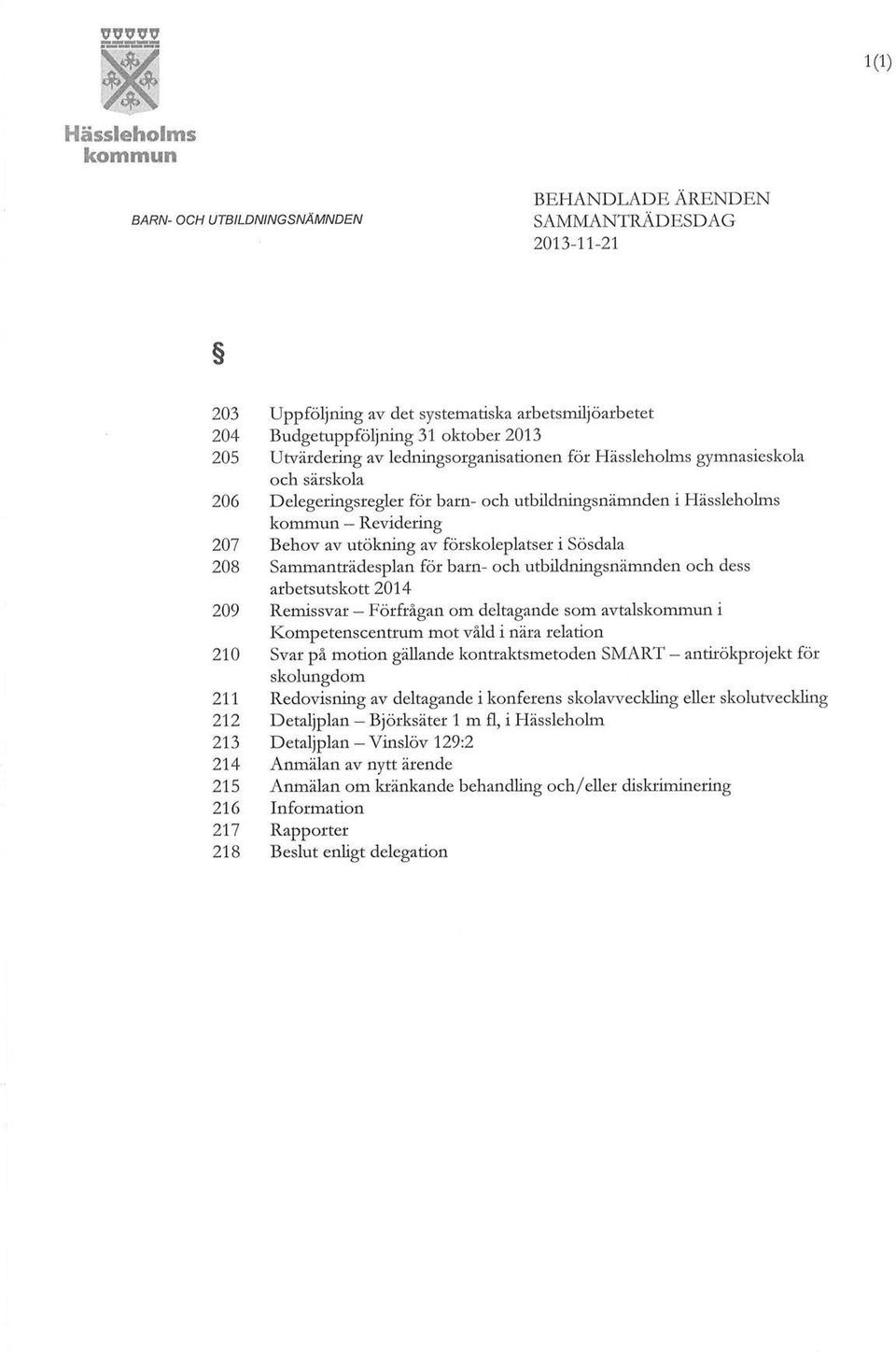 Sammanträdesplan för barn- och utbildningsnämnden och dess arbetsutskott 2014 209 Remissvar - Förfrågan om deltagande som avtals i Kompetenscentrum mot våld i nära relation 210 Svar på motion