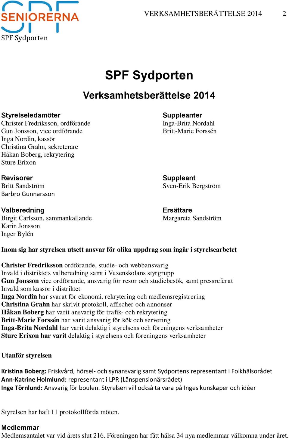 Suppleant Sven-Erik Bergström Ersättare Margareta Sandström Inom sig har styrelsen utsett ansvar för olika uppdrag som ingår i styrelsearbetet Christer Fredriksson ordförande, studie- och