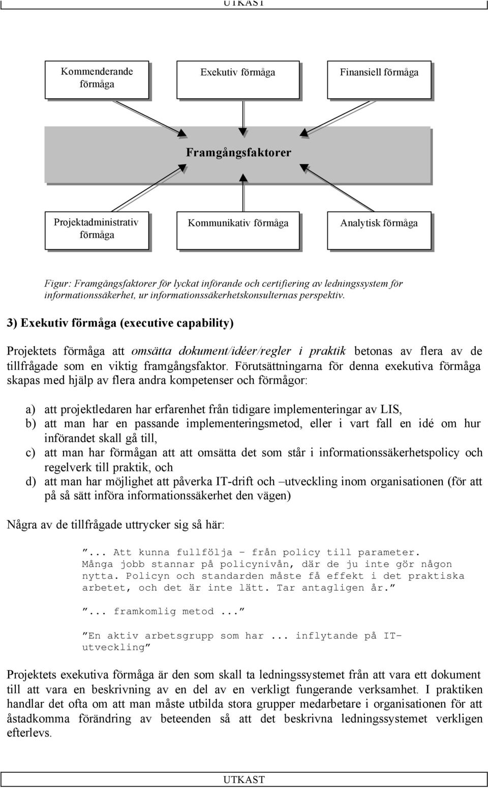 3) Exekutiv förmåga (executive capability) Projektets förmåga att omsätta dokument/idéer/regler i praktik betonas av flera av de tillfrågade som en viktig framgångsfaktor.