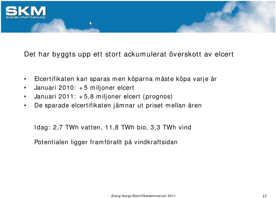 miljoner elcert (prognos) De sparade elcertifikaten jämnar ut priset mellan åren Idag: