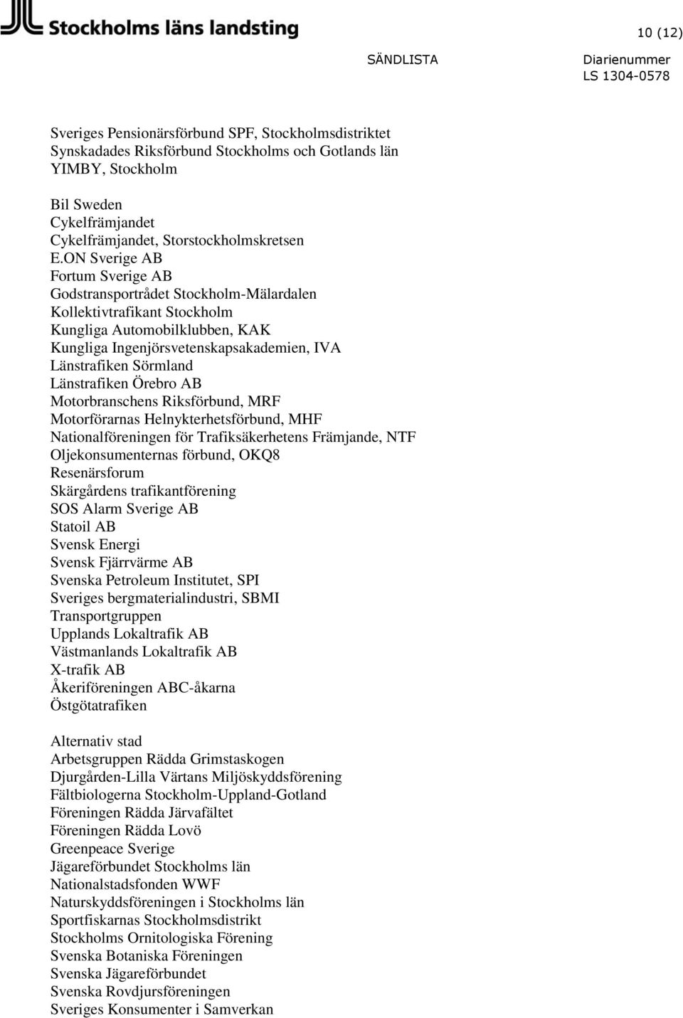 Länstrafiken Örebro AB Motorbranschens Riksförbund, MRF Motorförarnas Helnykterhetsförbund, MHF Nationalföreningen för Trafiksäkerhetens Främjande, NTF Oljekonsumenternas förbund, OKQ8 Resenärsforum