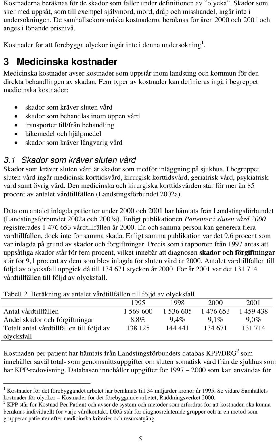 3 Medicinska kostnader Medicinska kostnader avser kostnader som uppstår inom landsting och kommun för den direkta behandlingen av skadan.