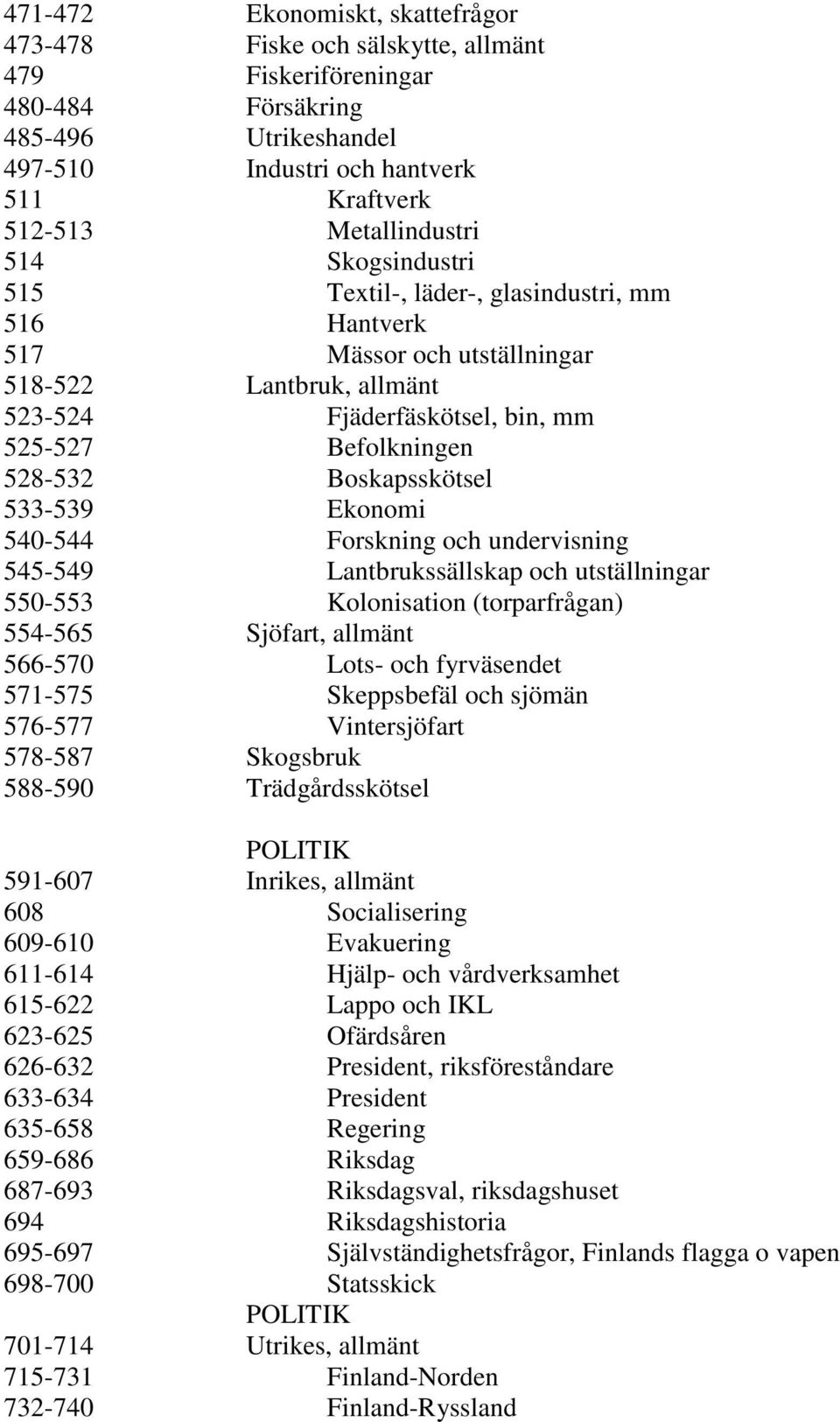 Boskapsskötsel 533-539 Ekonomi 540-544 Forskning och undervisning 545-549 Lantbrukssällskap och utställningar 550-553 Kolonisation (torparfrågan) 554-565 Sjöfart, allmänt 566-570 Lots- och