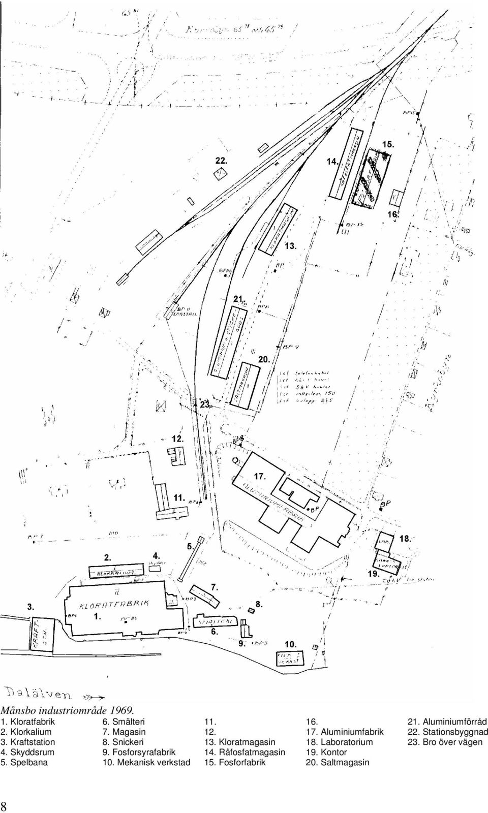 Mekanisk verkstad 11. 12. 13. Kloratmagasin 14. Råfosfatmagasin 15. Fosforfabrik 16. 17.