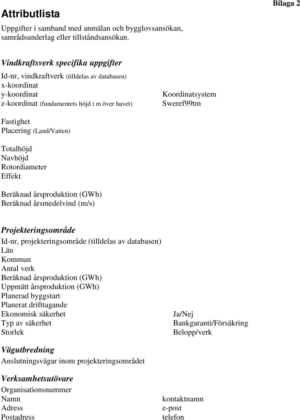 Placering (Land/Vatten) Totalhöjd Navhöjd Rotordiameter Effekt Beräknad årsproduktion (GWh) Beräknad årsmedelvind (m/s) Projekteringsområde Id-nr, projekteringsområde (tilldelas av databasen) Län