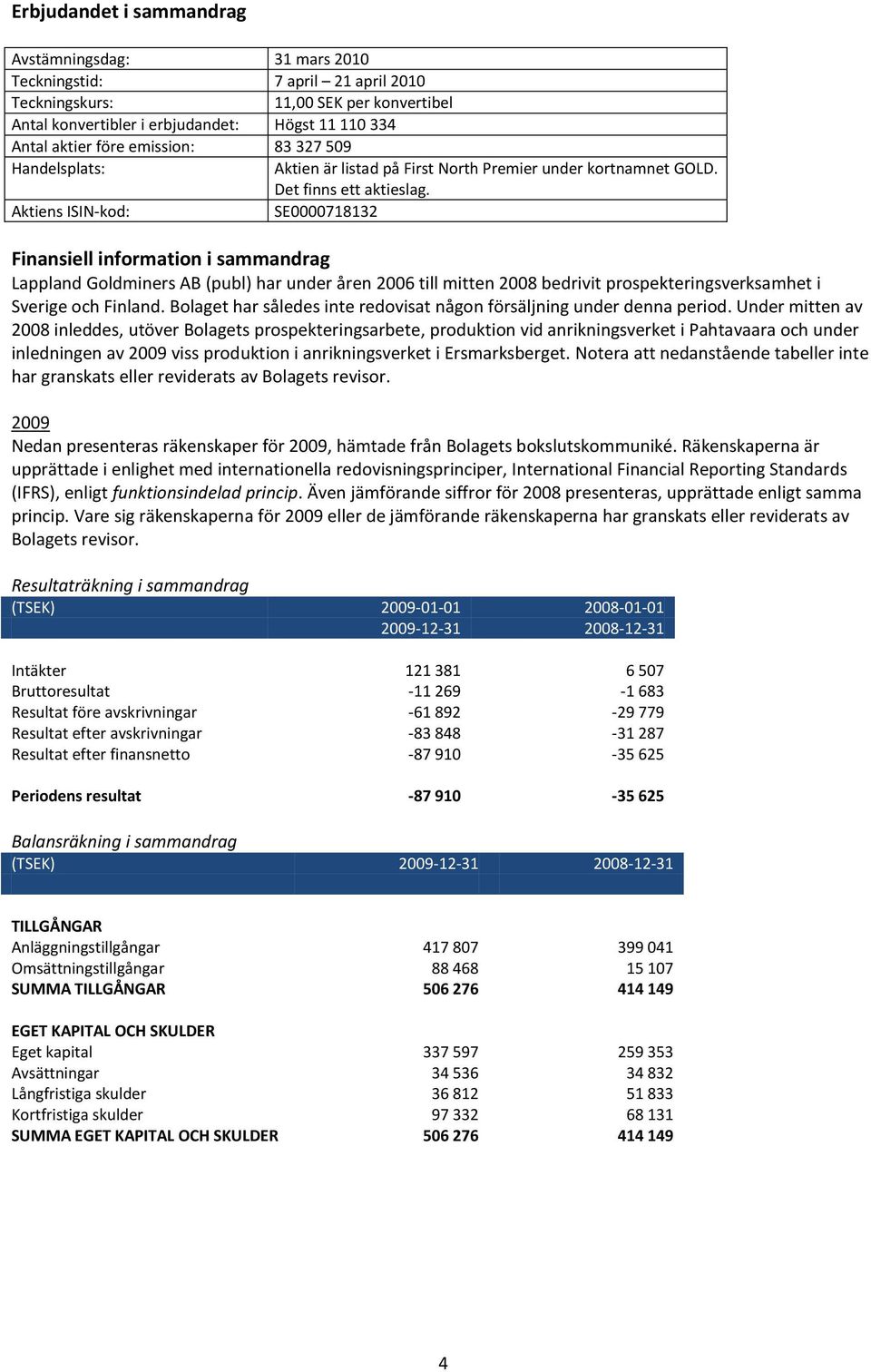 Aktiens ISIN-kod: SE0000718132 Finansiell information i sammandrag Lappland Goldminers AB (publ) har under åren 2006 till mitten 2008 bedrivit prospekteringsverksamhet i Sverige och Finland.