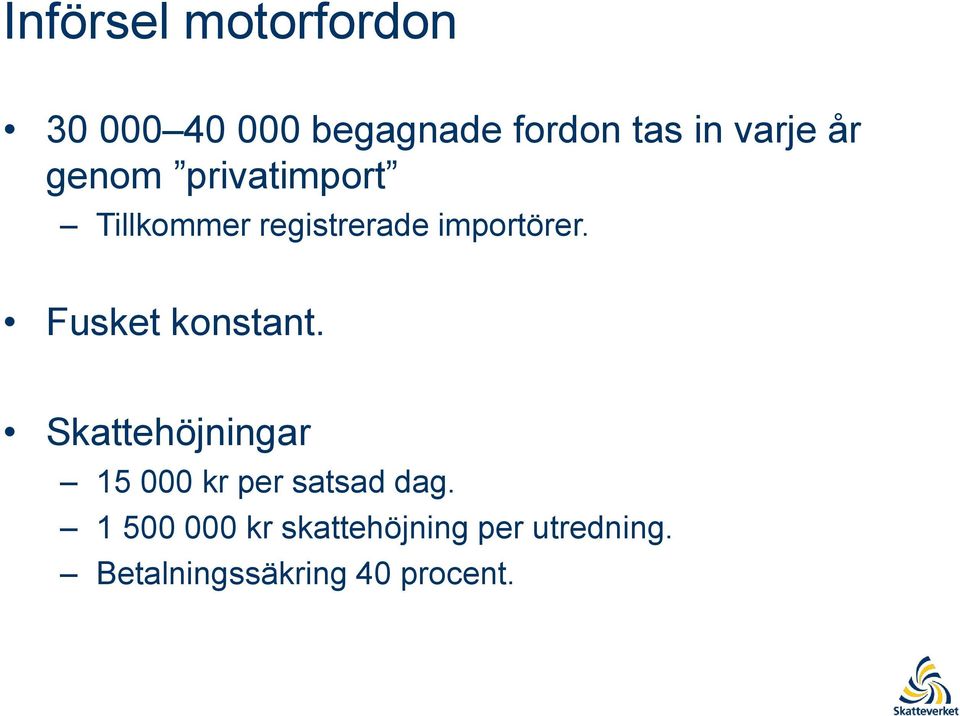 Fusket konstant. Skattehöjningar 15 000 kr per satsad dag.