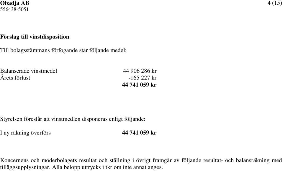 disponeras enligt följande: I ny räkning överförs 44 741 059 kr s och moderbolagets resultat och ställning i