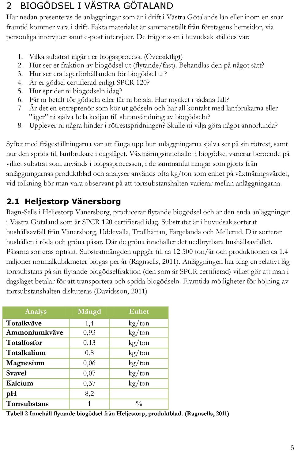 (Översiktligt) 2. Hur ser er fraktion av biogödsel ut (flytande/fast). Behandlas den på något sätt? 3. Hur ser era lagerförhållanden för biogödsel ut? 4. Är er gödsel certifierad enligt SPCR 120? 5.