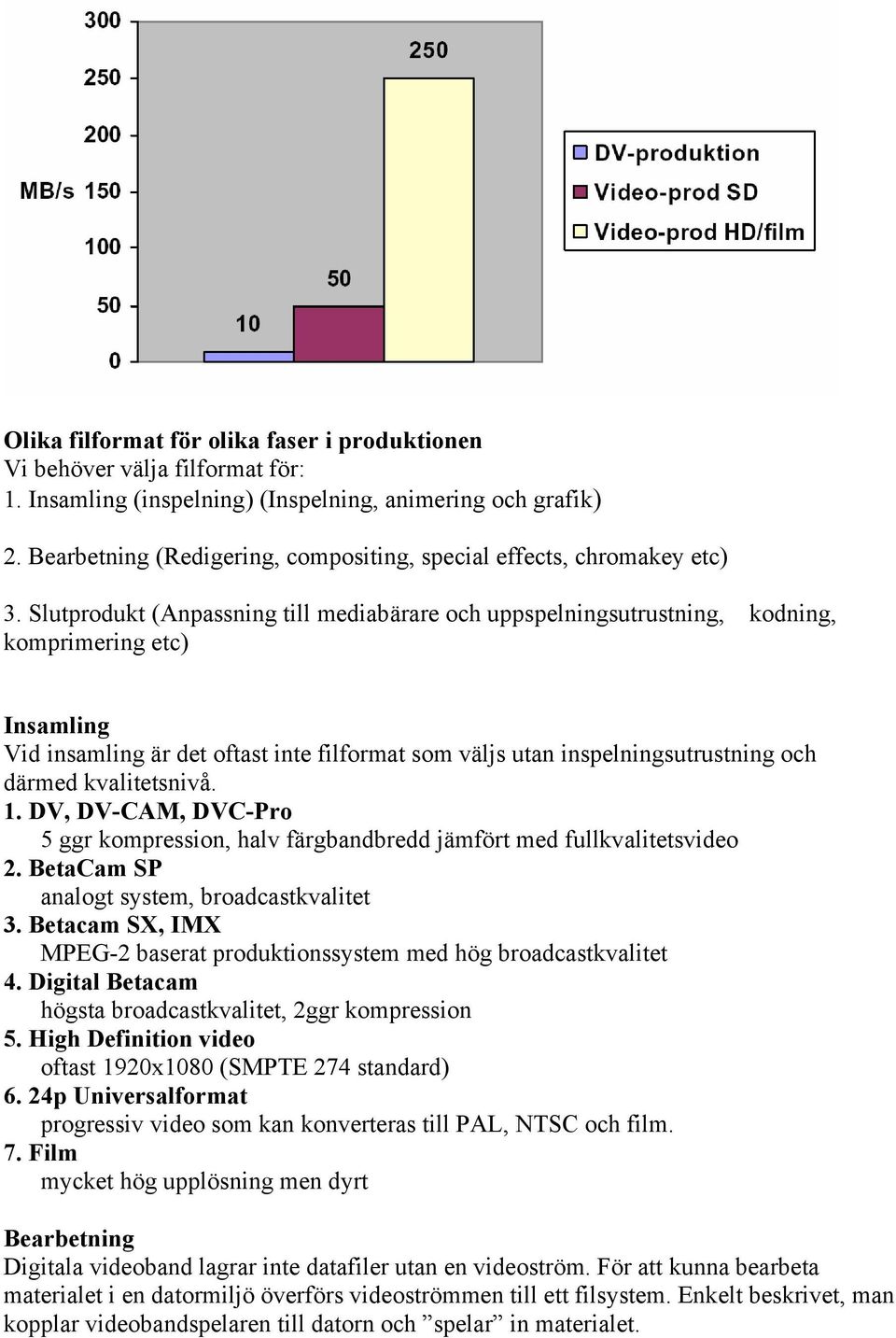 Slutprodukt (Anpassning till mediabärare och uppspelningsutrustning, kodning, komprimering etc) Insamling Vid insamling är det oftast inte filformat som väljs utan inspelningsutrustning och därmed