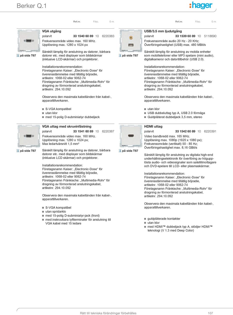 480 MBit/s på sida T67 Särskilt lämplig för anslutning av datorer, bärbara datorer etc. med displayer som bildskärmar (inklusive LCD-skärmar) och projektorer.