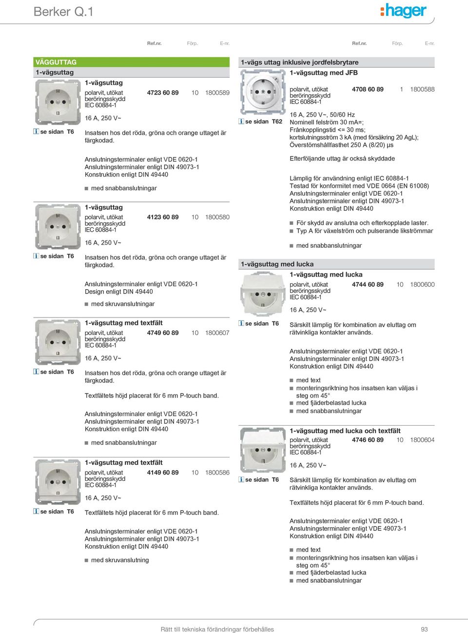 Anslutningsterminaler enligt VDE 0620-1 Anslutningsterminaler enligt DIN 49073-1 Konstruktion enligt DIN 49440 med snabbanslutningar 1-vägsuttag med textfält polarvit, utökat beröringsskydd IEC