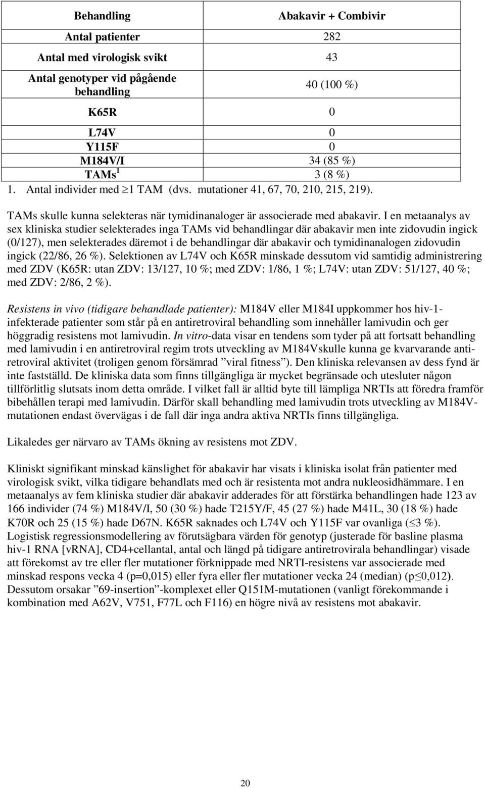 I en metaanalys av sex kliniska studier selekterades inga TAMs vid behandlingar där abakavir men inte zidovudin ingick (0/127), men selekterades däremot i de behandlingar där abakavir och