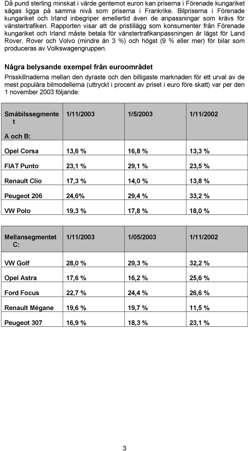 Rapporten visar att de pristillägg som konsumenter från Förenade kungariket och Irland måste betala för vänstertrafikanpassningen är lägst för Land Rover, Rover och Volvo (mindre än 3 %) och högst (9