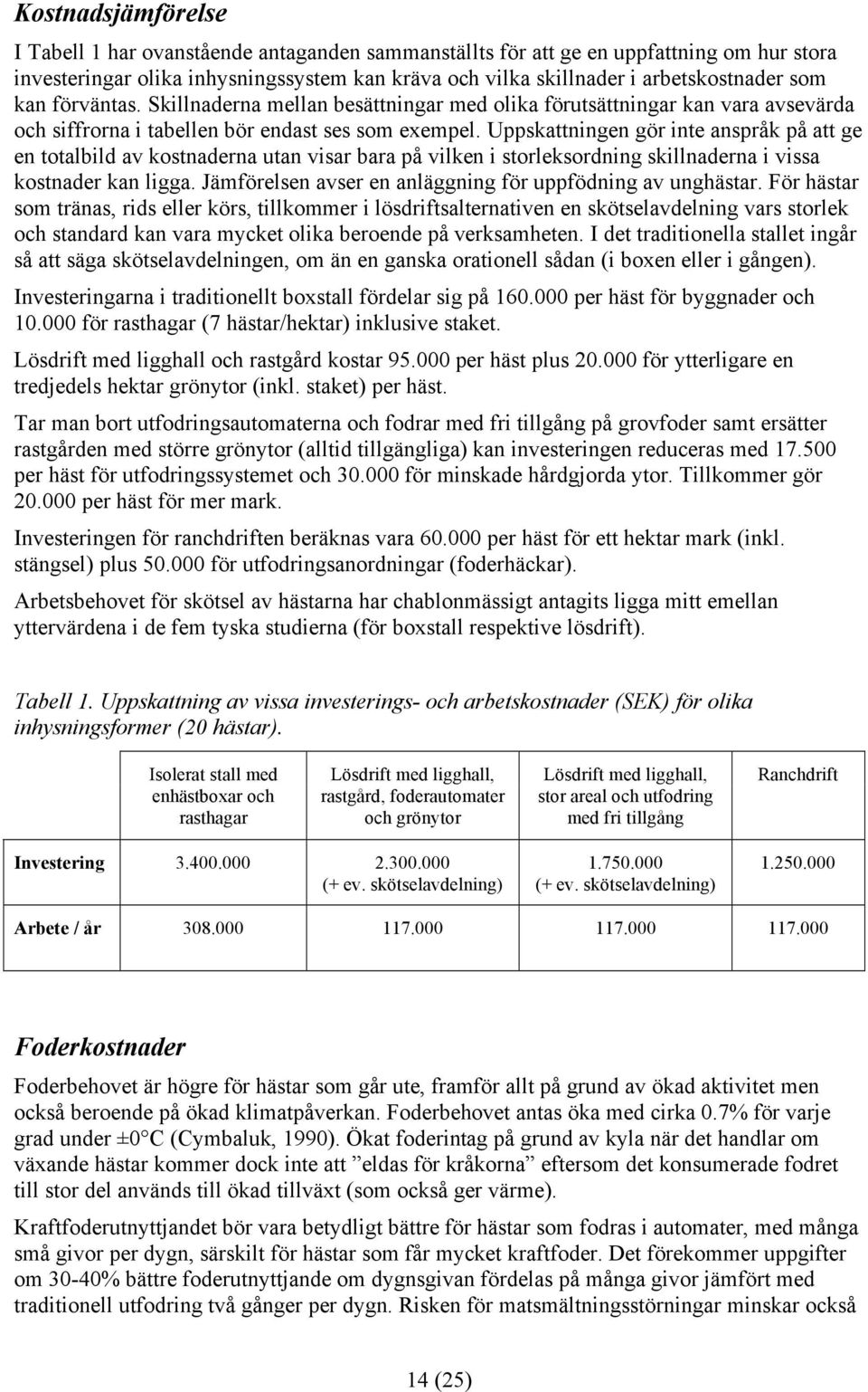 Uppskattningen gör inte anspråk på att ge en totalbild av kostnaderna utan visar bara på vilken i storleksordning skillnaderna i vissa kostnader kan ligga.