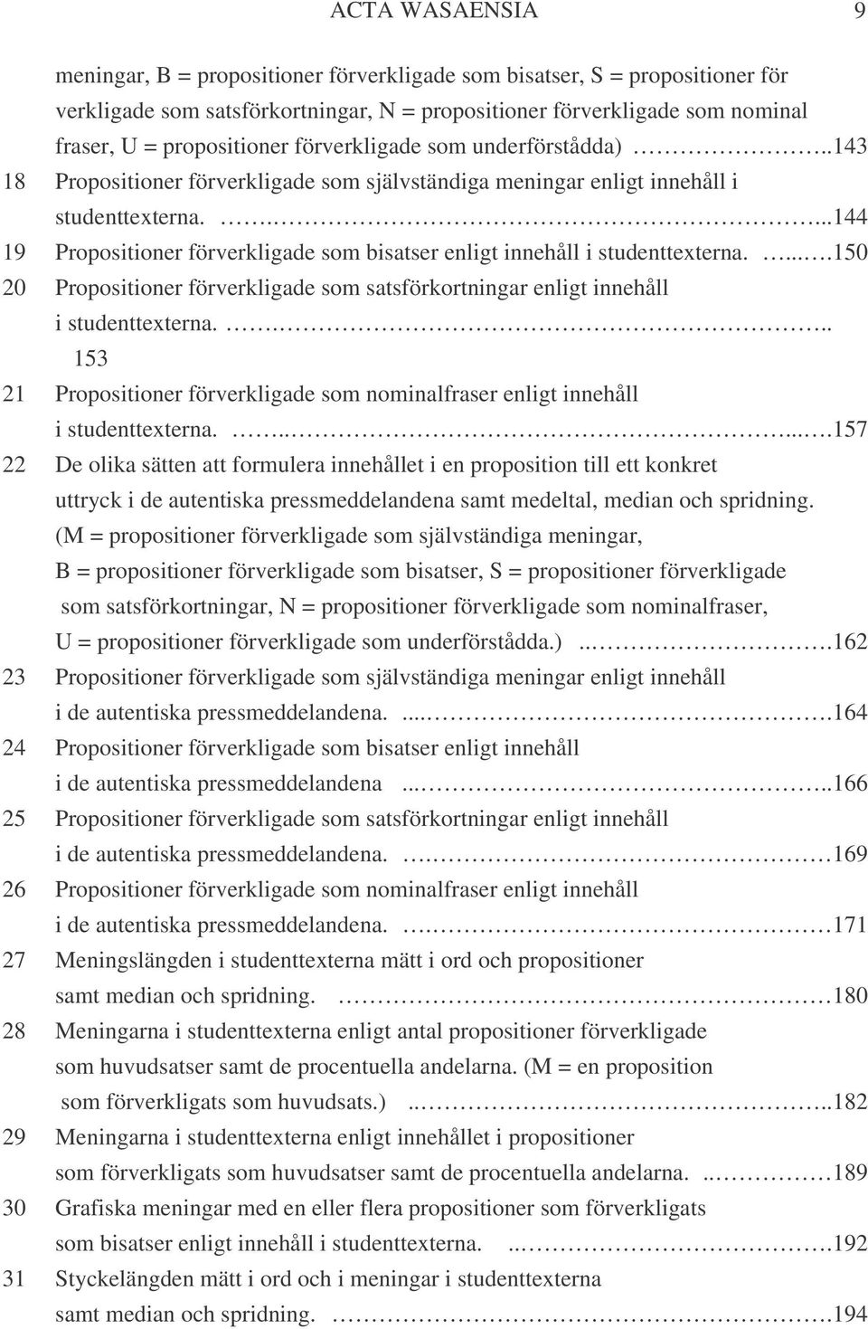 ....144 19 Propositioner förverkligade som bisatser enligt innehåll i studenttexterna.....150 20 Propositioner förverkligade som satsförkortningar enligt innehåll i studenttexterna.