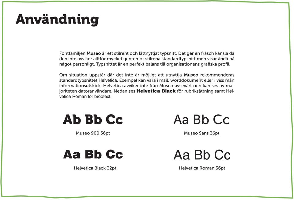 Typsnittet är en perfekt balans till organisationens grafiska profil. Om situation uppstår där det inte är möjligt att utnyttja Museo rekommenderas standardtypsnittet Helvetica.