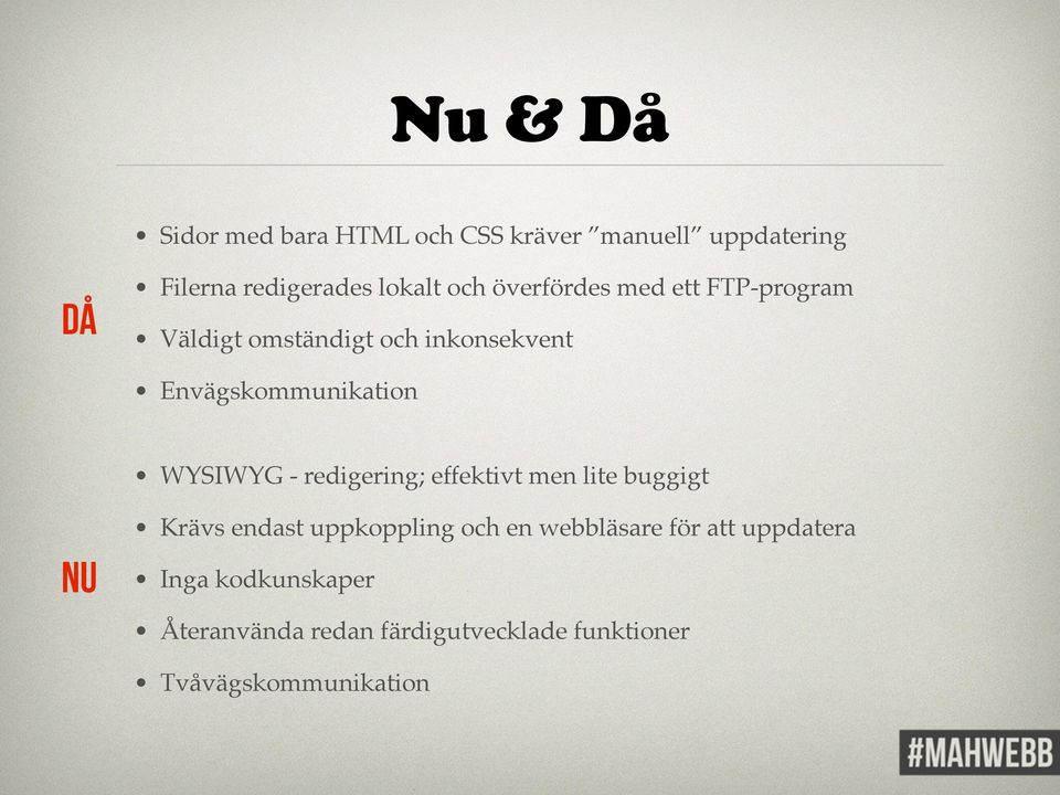 WYSIWYG - redigering; effektivt men lite buggigt Krävs endast uppkoppling och en webbläsare för