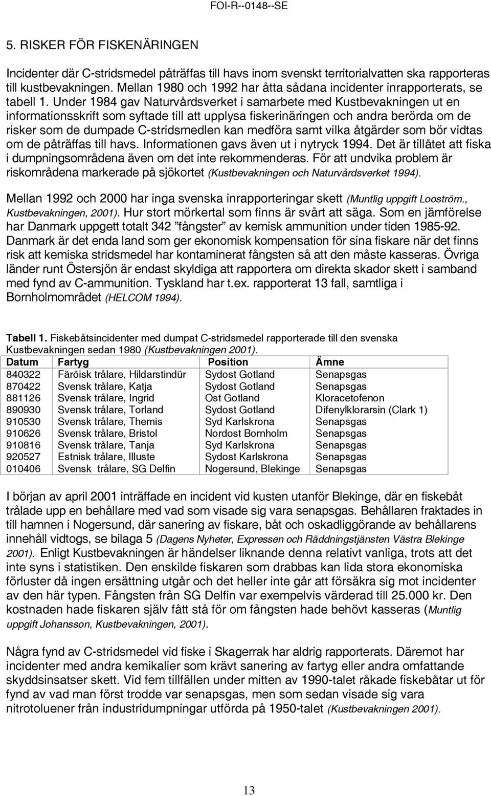 Under 1984 gav Naturvårdsverket i samarbete med Kustbevakningen ut en informationsskrift som syftade till att upplysa fiskerinäringen och andra berörda om de risker som de dumpade C-stridsmedlen kan