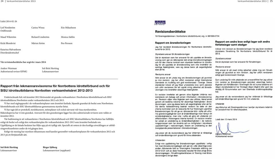 Rapport från lekmannarevisorerna för Norrbottens Idrottsförbund och för SISU Idrottsutbildarna Norrbotten verksamhetsåret 2012-2013 Undertecknade fick vid a rsmo tet 2012 fo rtroendet att granska