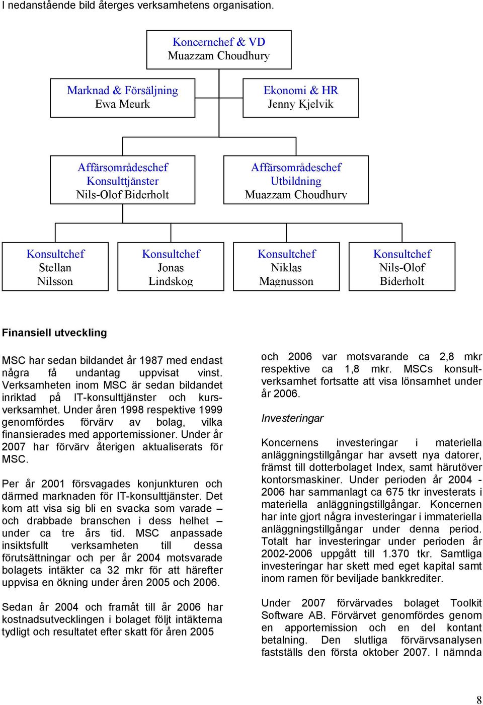 Konsultchef Konsultchef Konsultchef Konsultchef Stellan Jonas Niklas Nils-Olof Nilsson Lindskog Magnusson Biderholt Finansiell utveckling MSC har sedan bildandet år 1987 med endast några få undantag