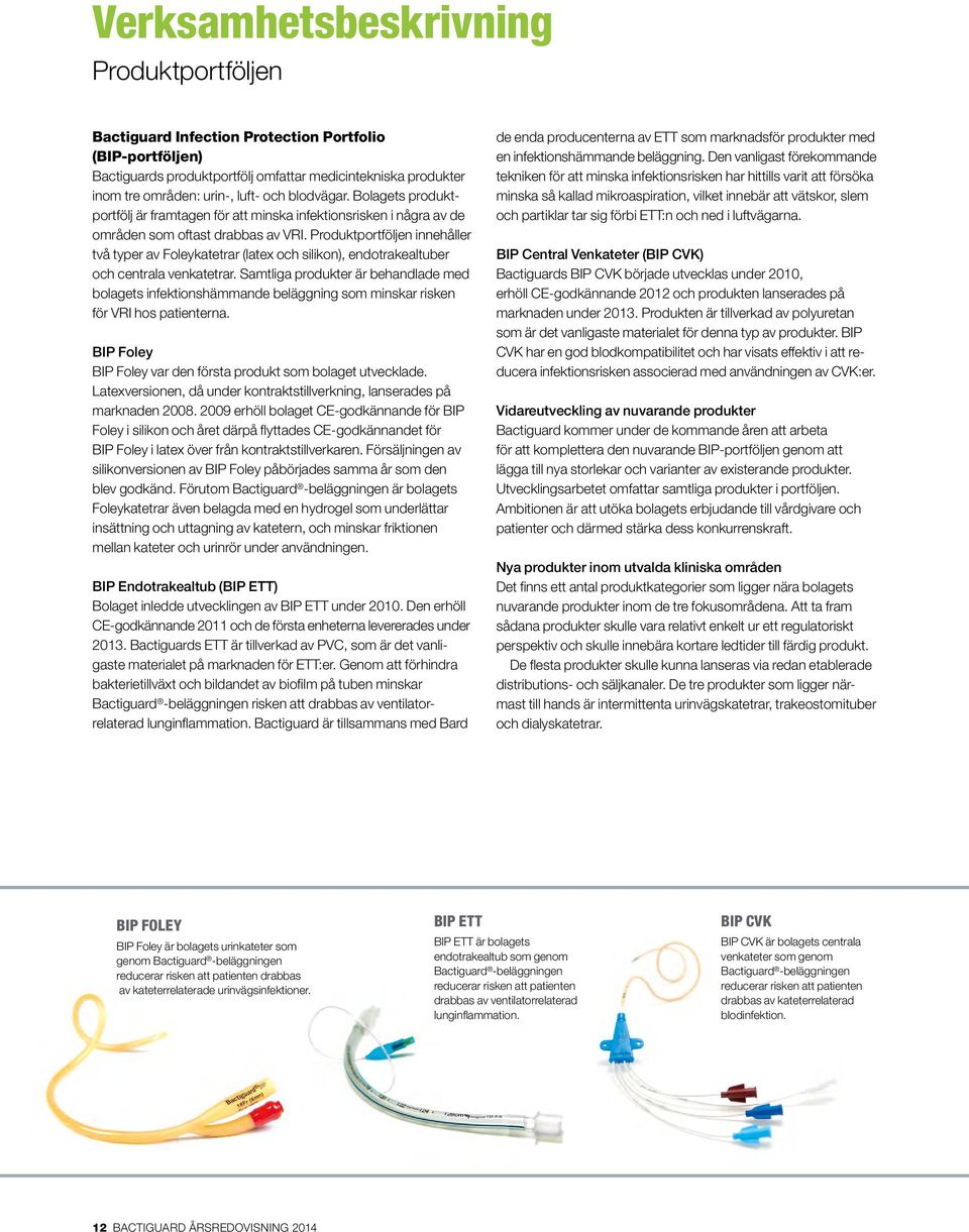 Produktportföljen innehåller två typer av Foleykatetrar (latex och silikon), endotrakealtuber och centrala venkatetrar.