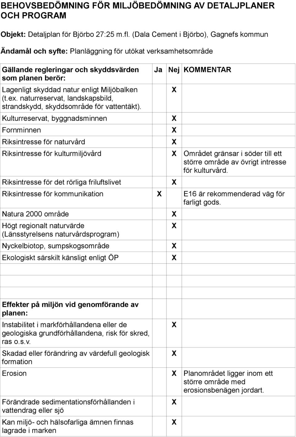 (t.ex. naturreservat, landskapsbild, strandskydd, skyddsområde för vattentäkt).