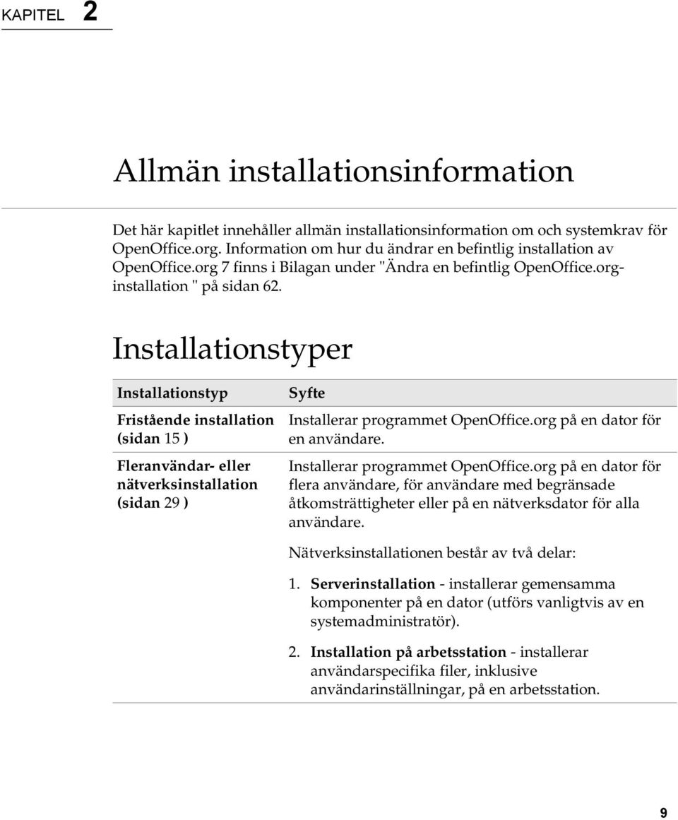 Installationstyper Installationstyp Fristående installation (sidan 15 ) Fleranvändar- eller nätverksinstallation (sidan 29 ) Syfte Installerar programmet OpenOffice.org på en dator för en användare.
