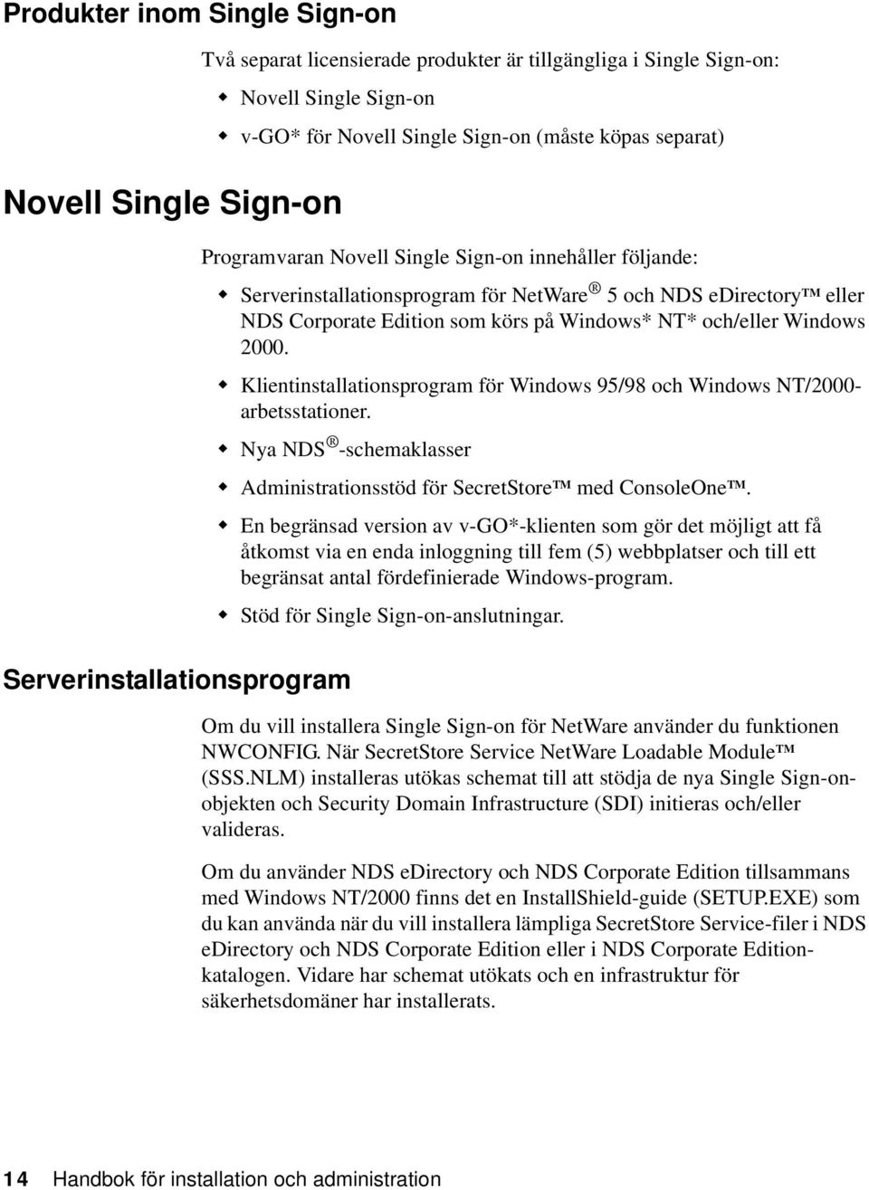 NT* och/eller Windows 2000. ❿ Klientinstallationsprogram för Windows 95/98 och Windows NT/2000- arbetsstationer. ❿ Nya NDS -schemaklasser ❿ Administrationsstöd för SecretStore TM med ConsoleOne TM.