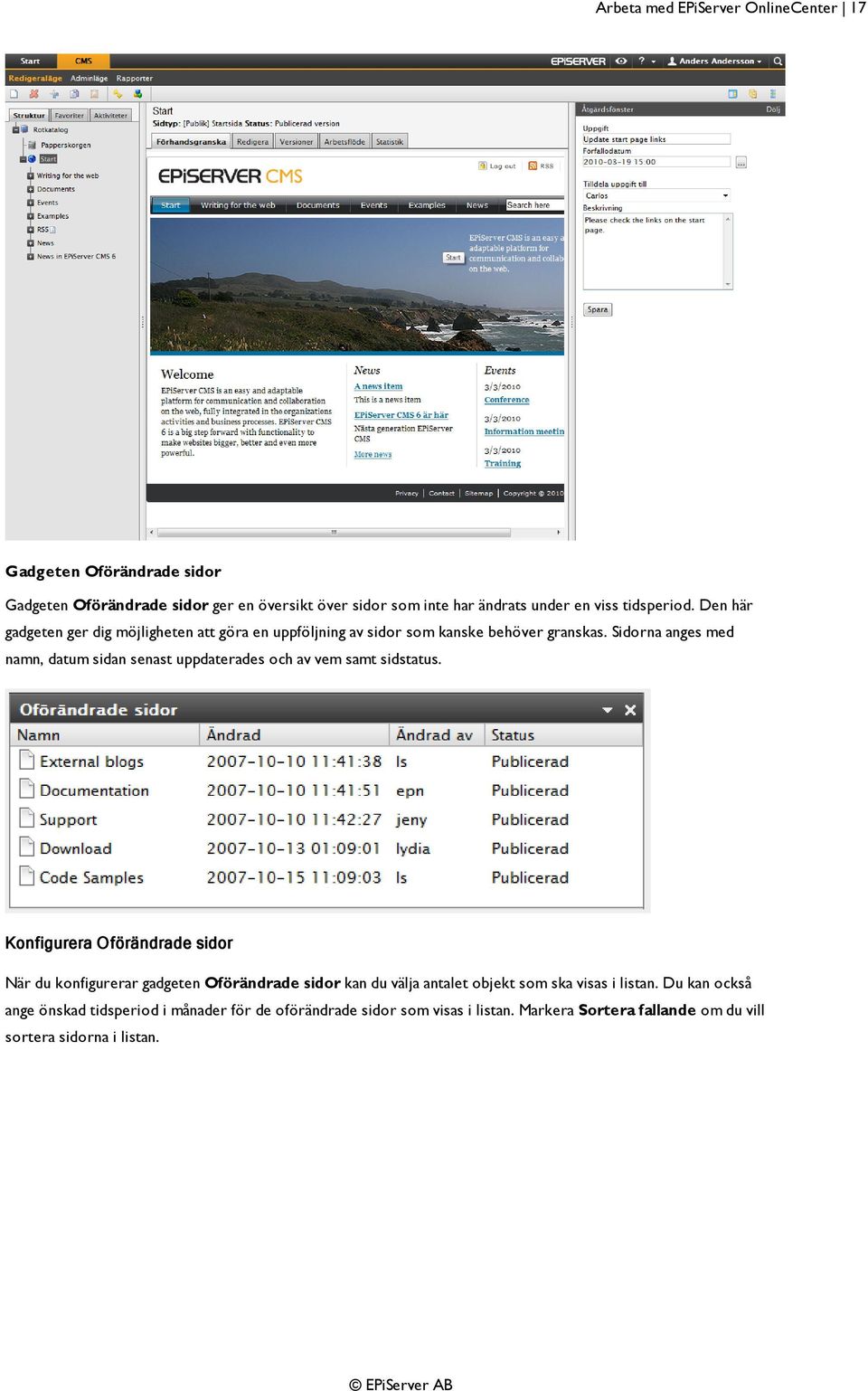 Sidorna anges med namn, datum sidan senast uppdaterades och av vem samt sidstatus.