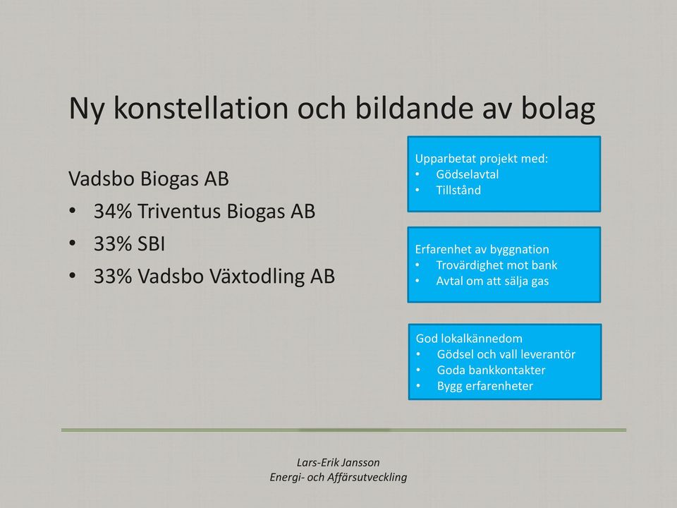 Tillstånd Erfarenhet av byggnation Trovärdighet mot bank Avtal om att sälja