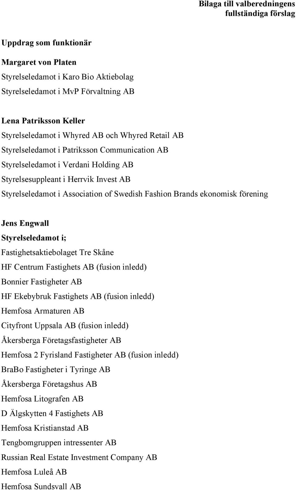 of Swedish Fashion Brands ekonomisk förening Jens Engwall Fastighetsaktiebolaget Tre Skåne HF Centrum Fastighets AB (fusion inledd) Bonnier Fastigheter AB HF Ekebybruk Fastighets AB (fusion inledd)