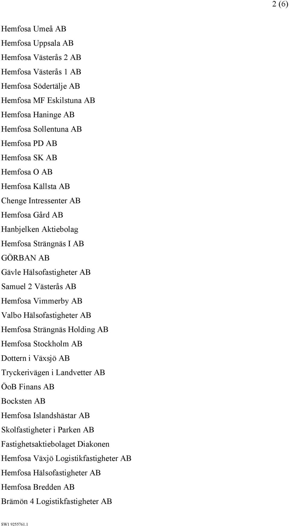 Hemfosa Vimmerby AB Valbo Hälsofastigheter AB Hemfosa Strängnäs Holding AB Hemfosa Stockholm AB Dottern i Växsjö AB Tryckerivägen i Landvetter AB ÖoB Finans AB Bocksten AB Hemfosa