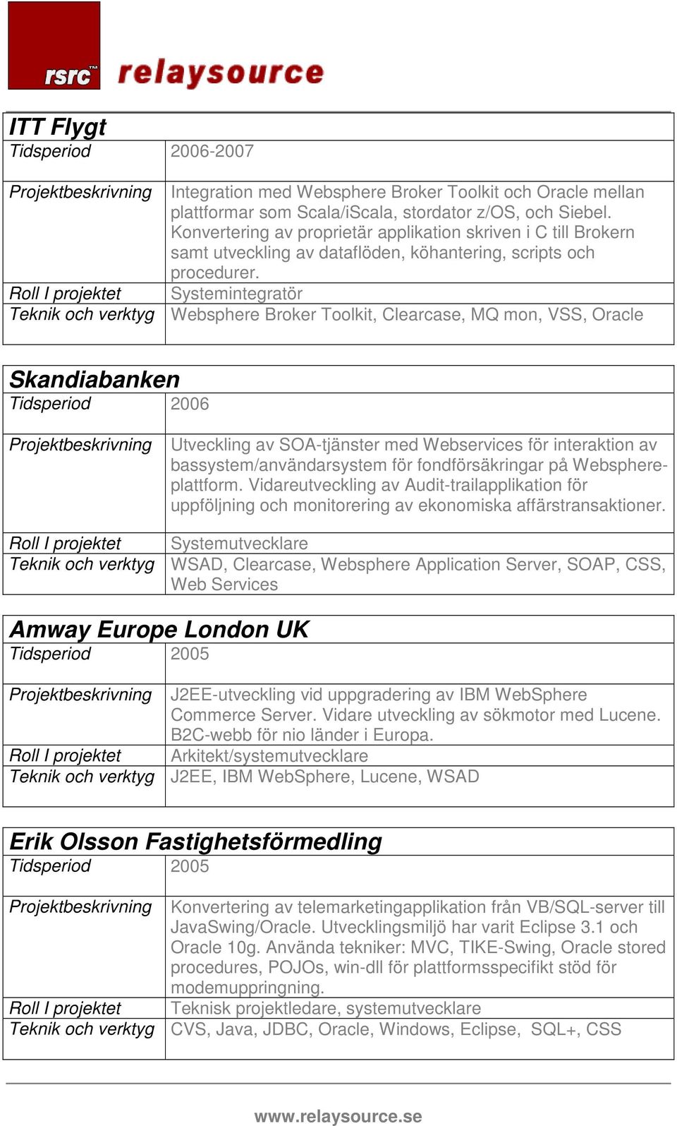 Roll I projektet Systemintegratör Teknik och verktyg Websphere Broker Toolkit, Clearcase, MQ mon, VSS, Oracle Skandiabanken Tidsperiod 2006 Projektbeskrivning Utveckling av SOA-tjänster med