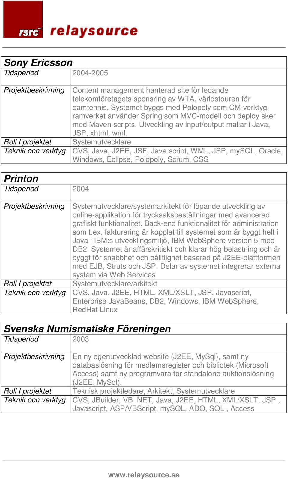 Teknik och verktyg CVS, Java, J2EE, JSF, Java script, WML, JSP, mysql, Oracle, Windows, Eclipse, Polopoly, Scrum, CSS Printon Tidsperiod 2004 Projektbeskrivning Systemutvecklare/systemarkitekt för