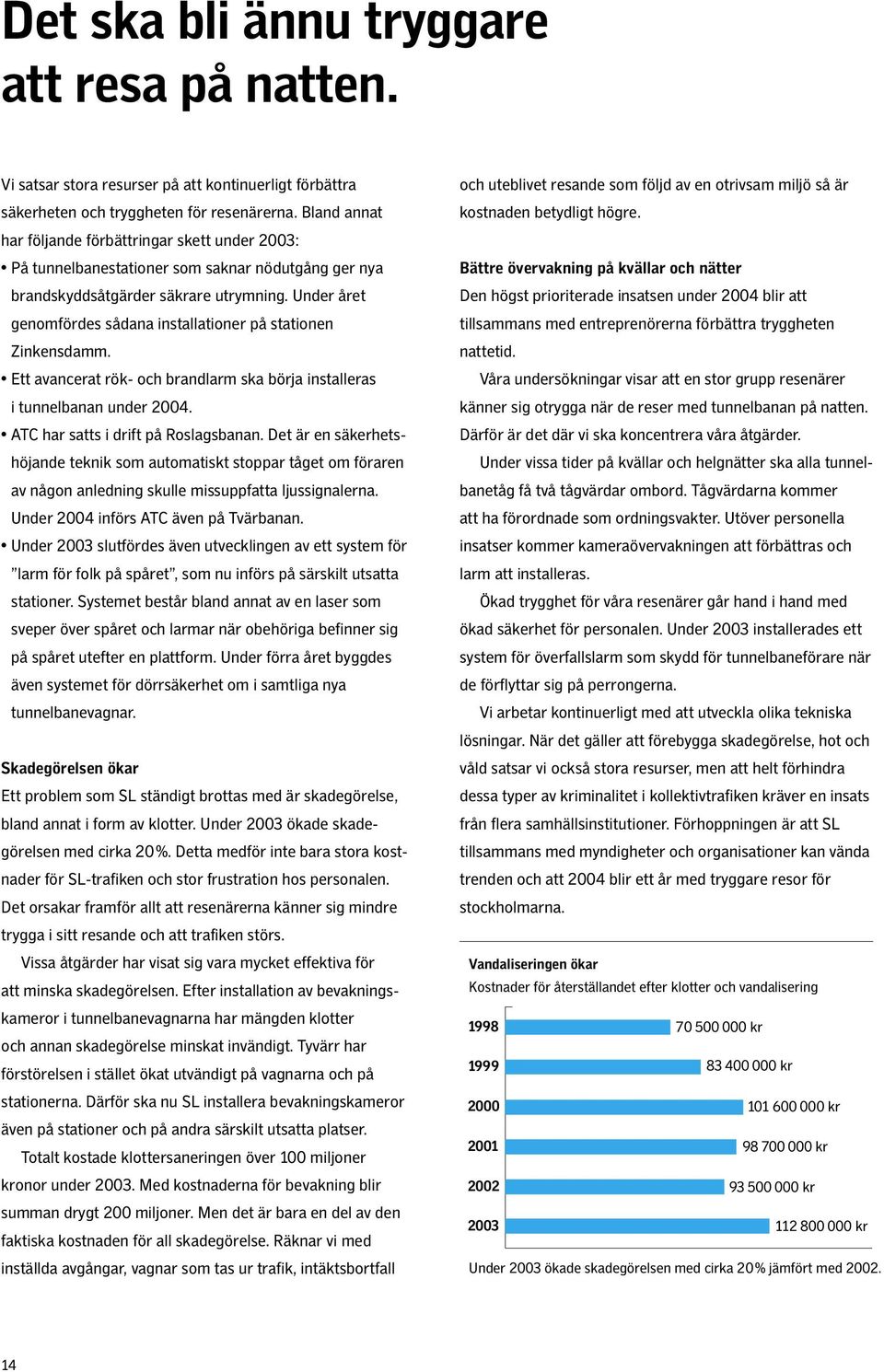 Under året genomfördes sådana installationer på stationen Zinkensdamm. Ett avancerat rök- och brandlarm ska börja installeras i tunnelbanan under 2004. ATC har satts i drift på Roslagsbanan.