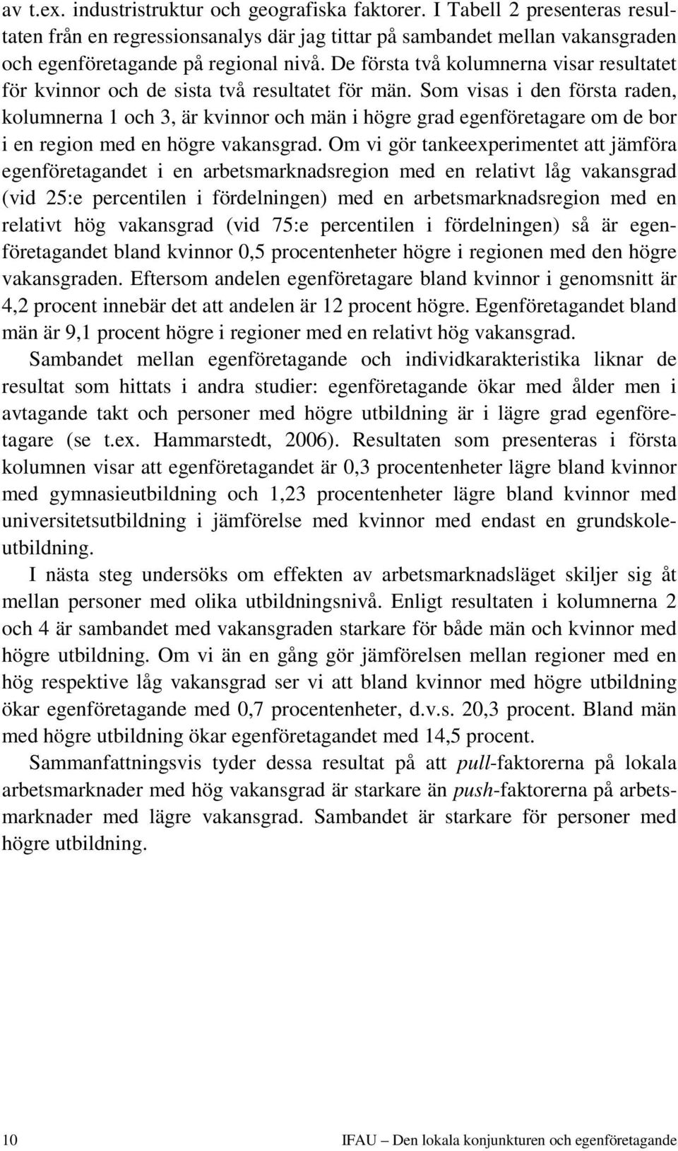 Som visas i den första raden, kolumnerna 1 och 3, är kvinnor och män i högre grad egenföretagare om de bor i en region med en högre vakansgrad.