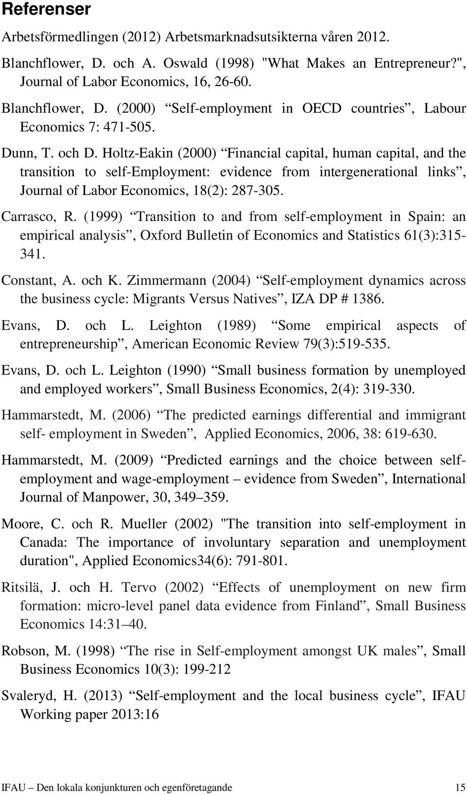 Carrasco, R. (1999) Transition to and from self-employment in Spain: an empirical analysis, Oxford Bulletin of Economics and Statistics 61(3):315-341. Constant, A. och K.