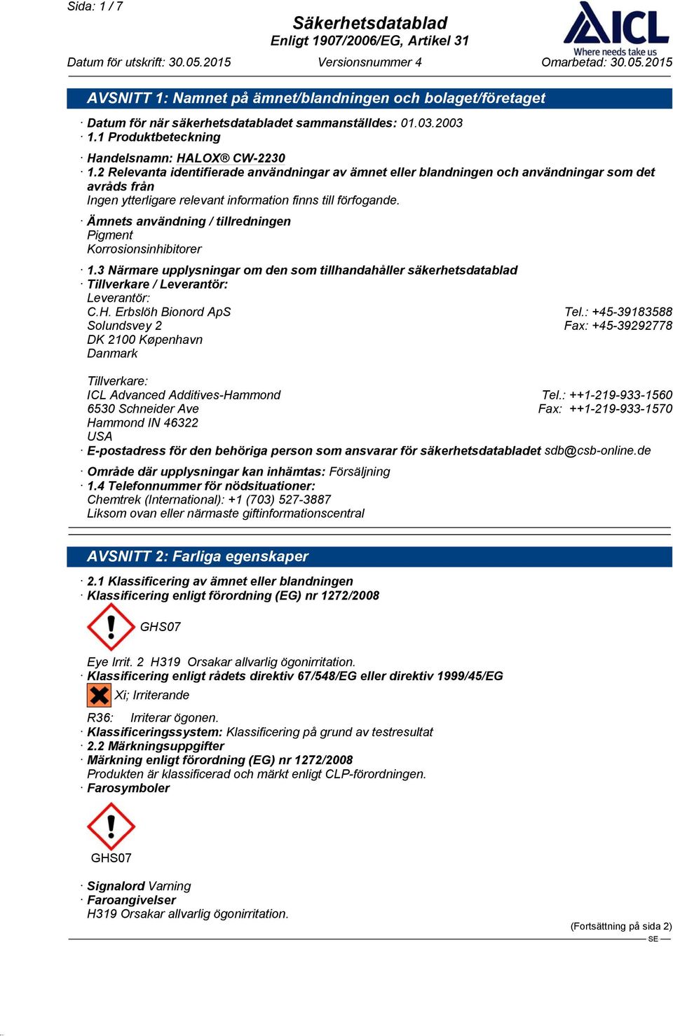 Ämnets användning / tillredningen Pigment Korrosionsinhibitorer 1.3 Närmare upplysningar om den som tillhandahåller säkerhetsdatablad Tillverkare / Leverantör: Leverantör: C.H.