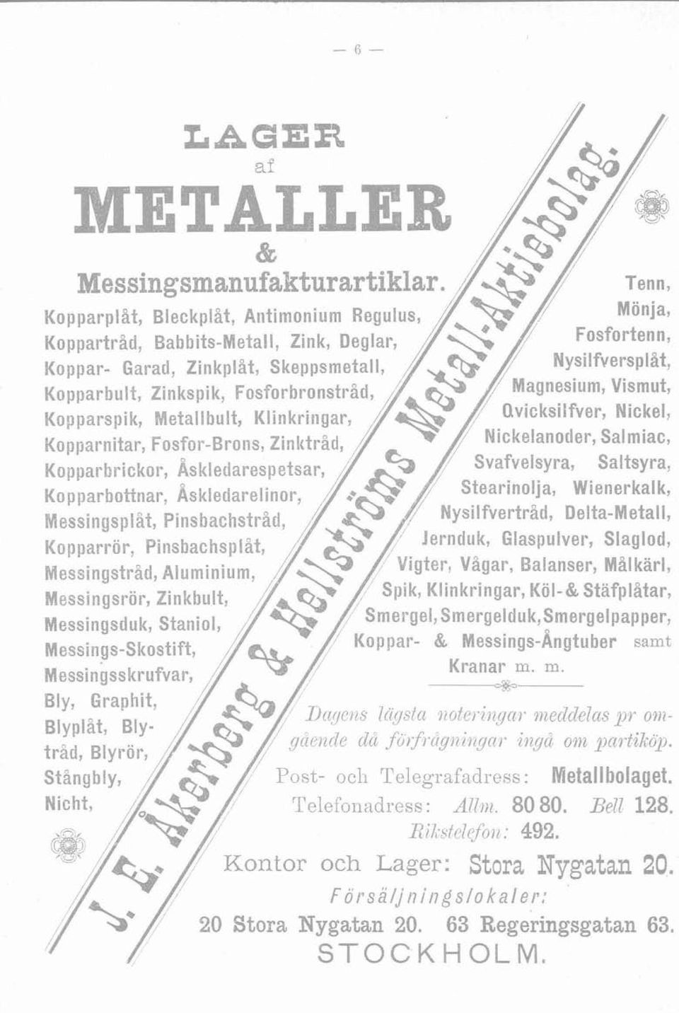 bult, Klinkringar, Magnesium, Vismut, Nickelanoder, Salmiac, Kopparbrickor, Åskledarespetsar, Svafvelsyra, Saltsyra, Kopparbottnar, Askledarelinor, Stearinolja, Wienerkalk, Nysilfvertriid,