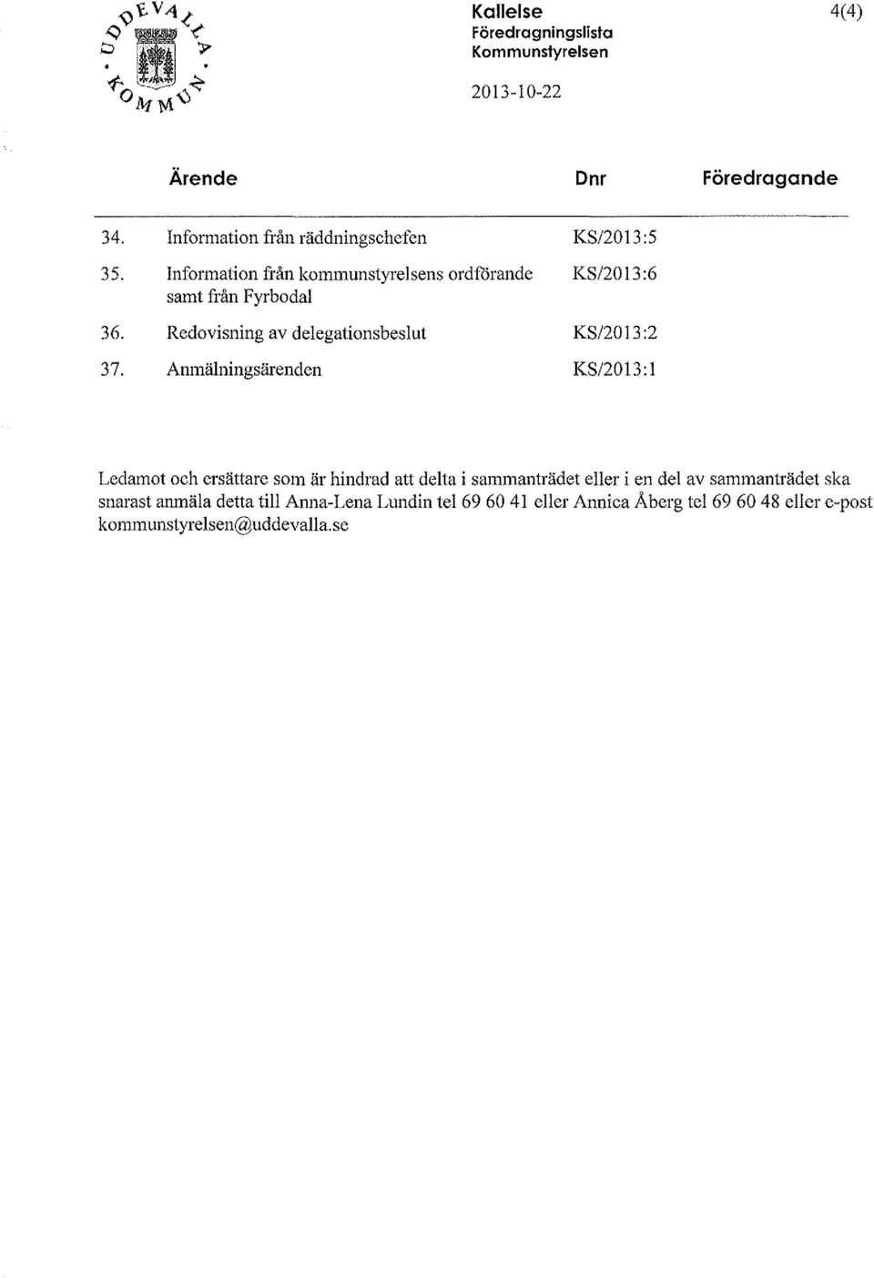 delegationsbeslut Anmälningsärenden KS/2013:5 KS/2013:6 KS/2013:2 KS/2013:1 Ledamot och ersättare som är hindrad att delta i