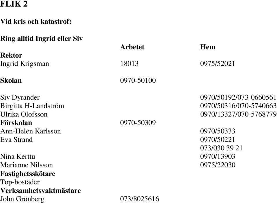 0970/13327/070-5768779 Förskolan 0970-50309 Ann-Helen Karlsson 0970/50333 Eva Strand 0970/50221 073/030 39 21 Nina