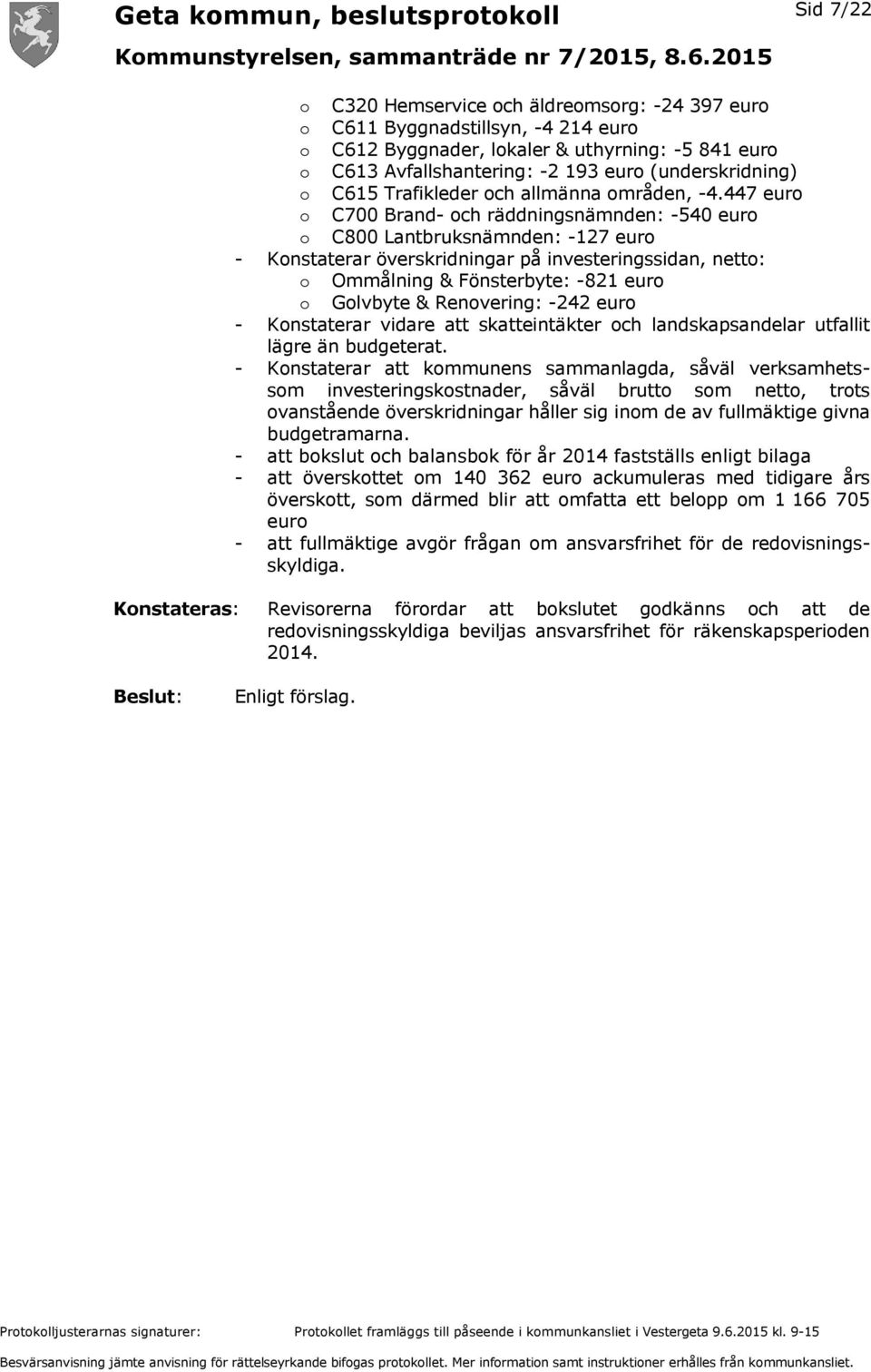 447 euro o C700 Brand- och räddningsnämnden: -540 euro o C800 Lantbruksnämnden: -127 euro - Konstaterar överskridningar på investeringssidan, netto: o Ommålning & Fönsterbyte: -821 euro o Golvbyte &