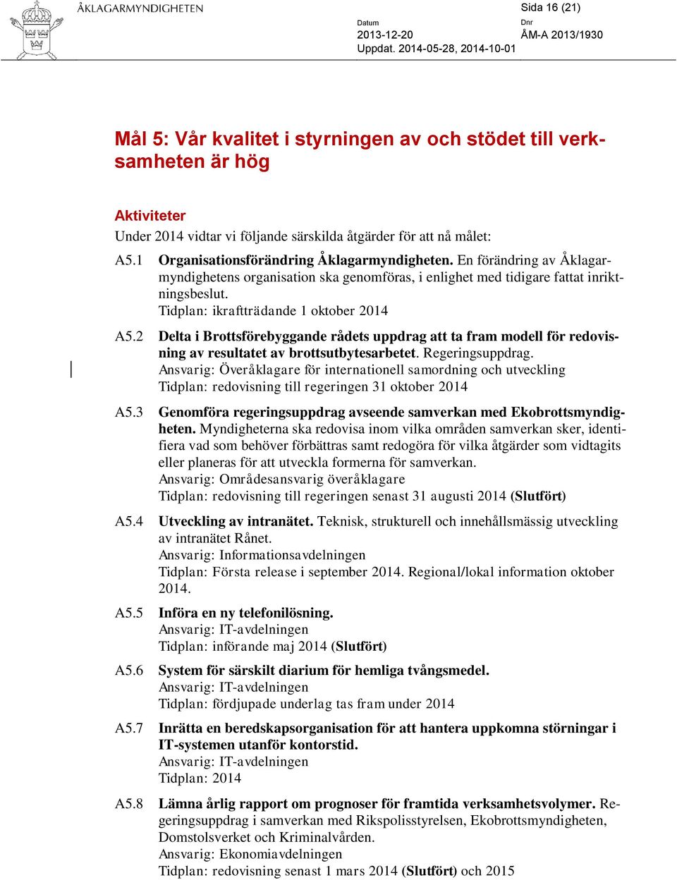 Tidplan: ikraftträdande 1 oktober 2014 A5.2 Delta i Brottsförebyggande rådets uppdrag att ta fram modell för redovisning av resultatet av brottsutbytesarbetet. Regeringsuppdrag.