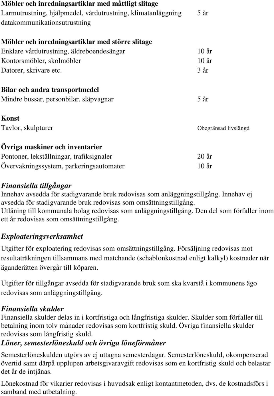 Bilar och andra transportmedel Mindre bussar, personbilar, släpvagnar Konst Tavlor, skulpturer Övriga maskiner och inventarier Pontoner, lekställningar, trafiksignaler Övervakningssystem,